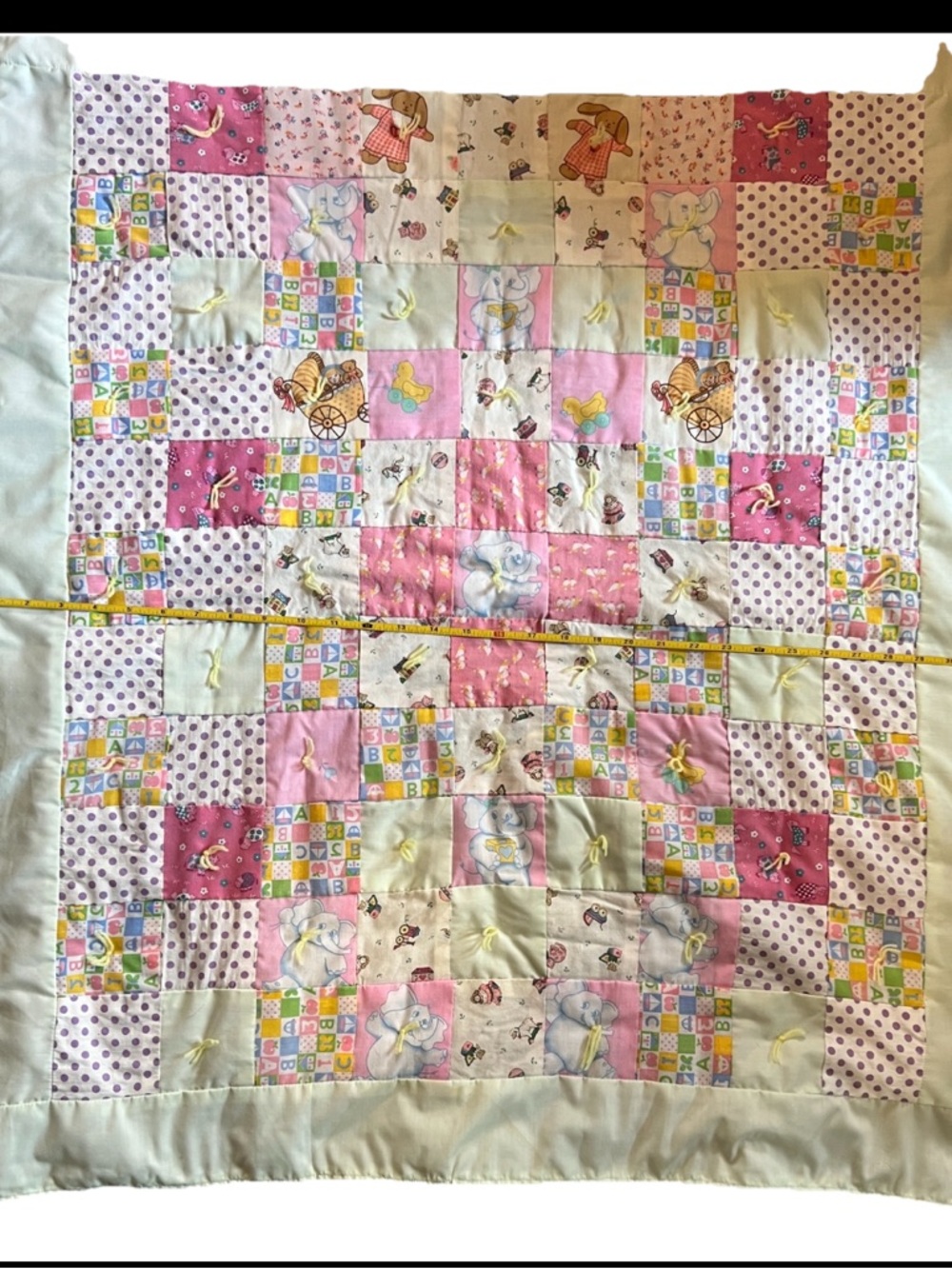 Baby Patchwork Quilt - Pink, pastel green & Cream Nursery Bedding
32 X 36 1/2